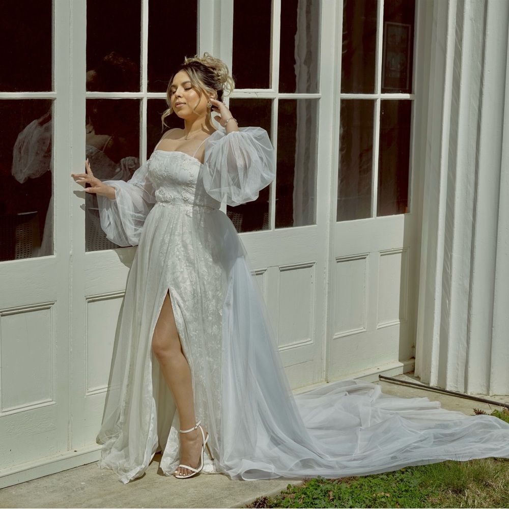 Wedding Dress or Engagement Dress, Puffy Sleeves, Overlay Skirt (White & Ivory)